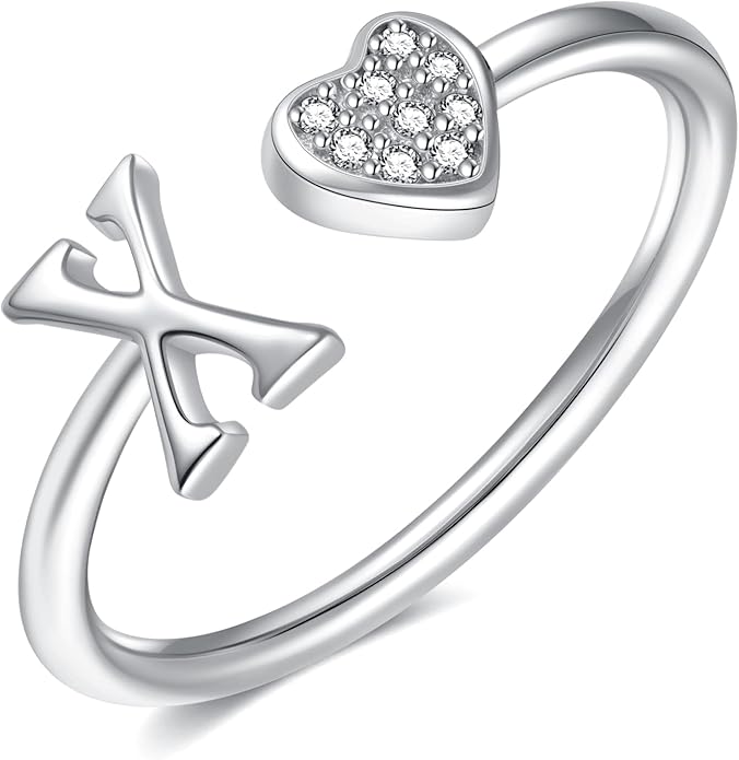 Valentines Day Gift Initial Rings for Teen Girls - S925 Heart Sterling Silver Rings for Teen Girls | 14K Gold/Rose Gold/Sterling Silver Plated Ring for Girls Kids Women Ring for Teenager Girls Gifts Adjustable, No Tarnish, Hypoallergenic