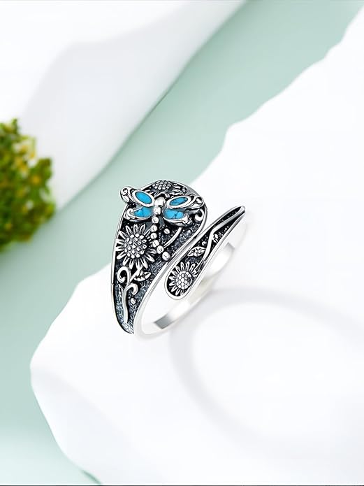 JKR Turquoise Spoon Rings for Women Sterling Silver Vintage Antique Thumb Ring Boho Jewelry Anniversary Birthday Gift for Wife Her Mom