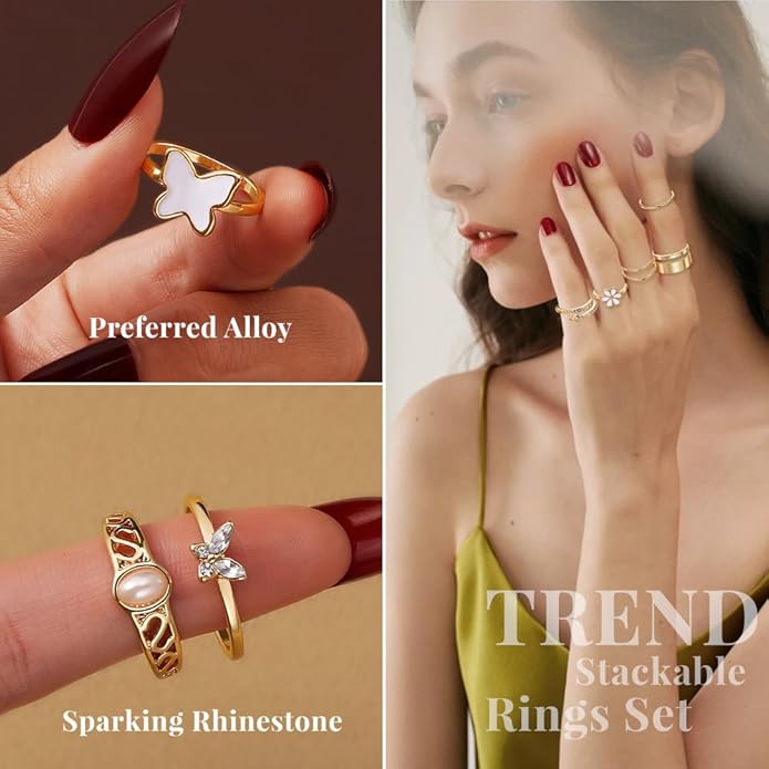 KISS WIFE Goldenen Silvery Black Kunckle Rings Set for Women, Dainty Simple Trendy Cute Stackable Finger Rings Pack, Perfect for Stacking Layering on Thumb and Knuckle, Mixed Size, Jewelry Gift