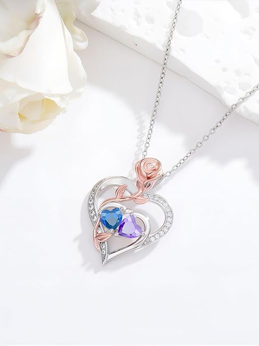Rose Flower Heart Pendant for Women Birthday Gifts 18k Gold Plated Mother Daughter Necklace with 12 Months Birthstone Christmas Valentines Day Gifts for Her Mom Anniversarry Jewelry for Mom Wife Girlfriend