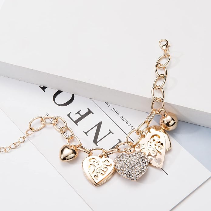 SILANER Gold Chain Link Bracelet - 7"+ 2" Extender 14K Gold Plated Love Locked Bracelets for Women, with Crystal, Love Heart,Key, Lock, Charm Bracelet