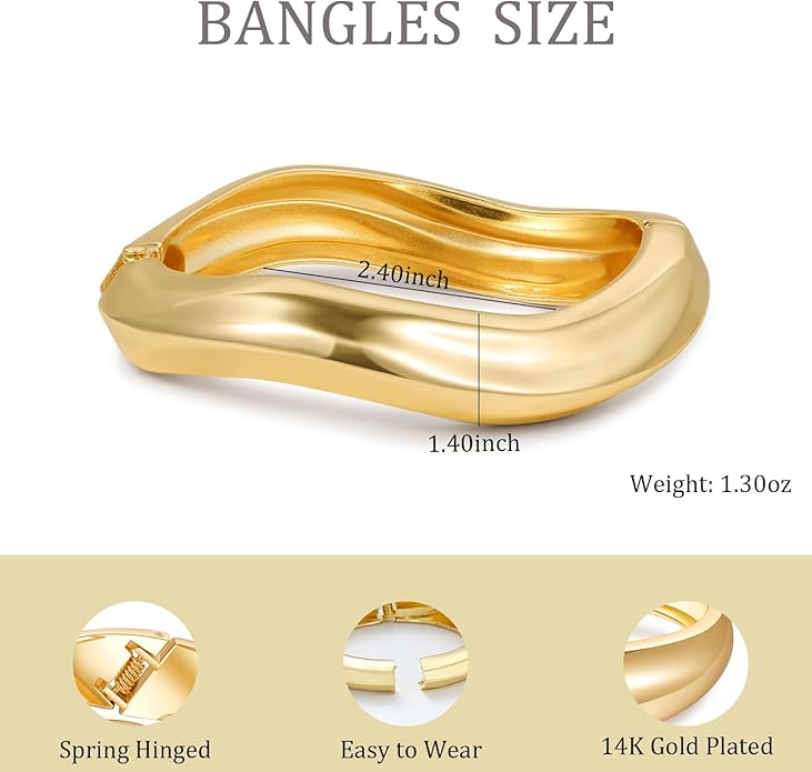 2pcs Gold Bangle Bracelets for Women, Trendy Hinged Cuff Open Wide Chunky Gold Bracelet Stack Arm Cuff Jewelry for Women