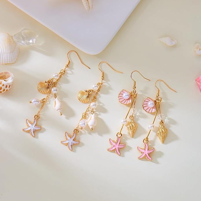 Gold Starfish Shell Earrings for Women with Pearl Beach Seashell Earrings Dangle Summer Vacation Earring for Women Beach Jewelry