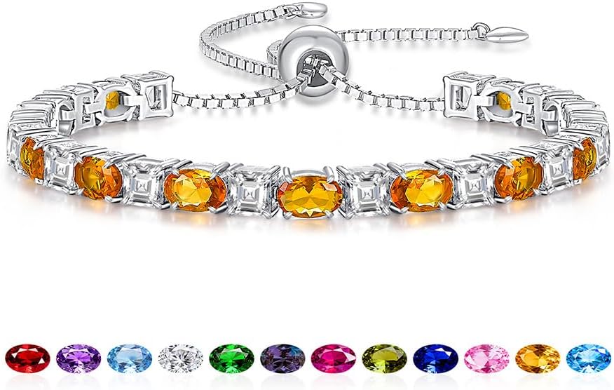 Sterling Silver Birthstone Bracelets for Women White Gold Tennis Bracelets Adjustable Chain 6-9 Inchs Jewelry Hypoallergenic Anniversary Birthday Gifts for Women Mom Wife Her