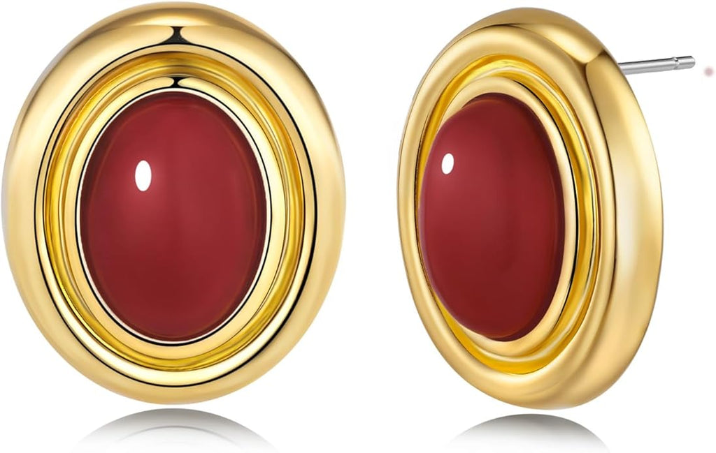 18K gold plated Medium Oval Button Chunky Statement Earrings for Women by SNGIA, (Turquoise, Carnelian, Aventurine, Amethyst, Malachite, Cat Eye, White, Cream) Bold Handmade Colored (Red, Blue, Green, White, Cream, Purple) Exaggerated Dome Retro Rounde...