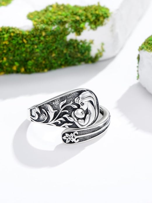 Midari Sun and Moon/Bee/Celtic/Life of Tree/Lotus Spoon Ring for Women 925 Sterling Silver Adjustable Ring Open Ring for Women Men Halloween Birthday Gift