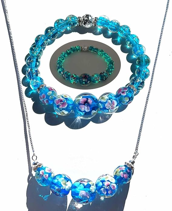 ARTSY Crafts Lily Garden Glow in the Dark Firefly Bead Bracelets Necklaces, Handmade in USA Murano Glass Jewelry, Flower Luminous Beads Mermaid Crystal Bracelet Bangle