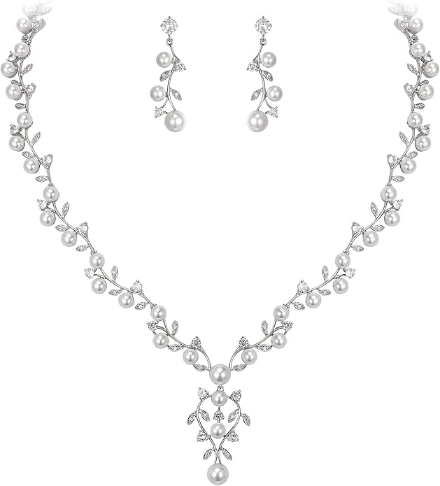 EVER FAITH Bridal Cubic Zirconia Jewelry Sets for Women, White Simulated Pearl Leaf Vine Pendant Wedding Party Necklace Earrings Set for Bridesmaid Bride