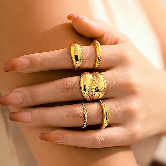 MIFYNN Chunky Gold Rings for Women Gold Silver Adjustable Thick Ring Fashion Statement Ring Open Dome Ring Chunky Silver Rings Geometric Curved Minimalist Simple Rings