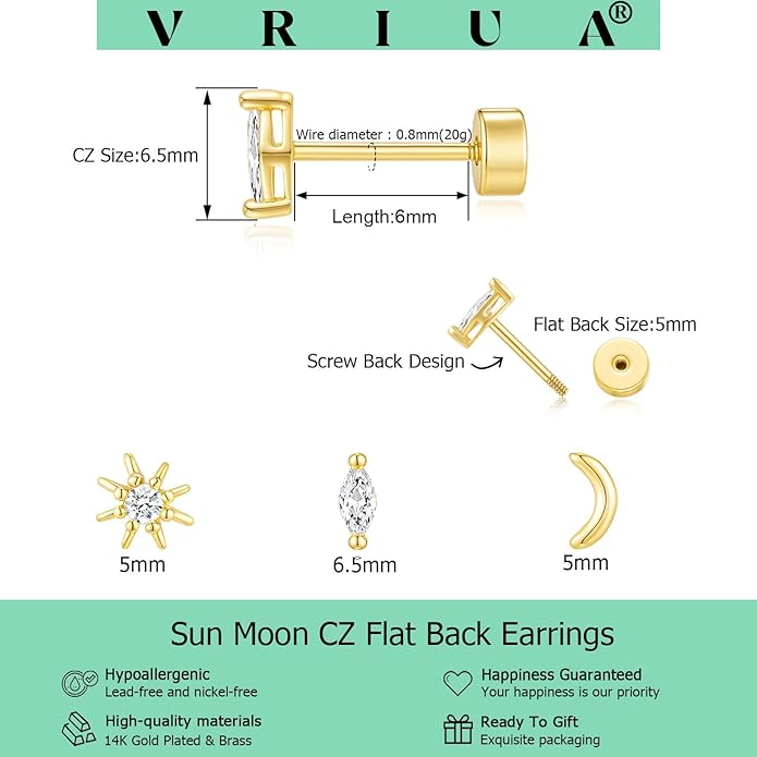 VRIUA 20G Tiny Flat Back Earrings for Women - 14K Gold/Silver Plated Small Flat Back Stud Earrings Hypoallergenic Cartilage Helix Piercing Jewelry
