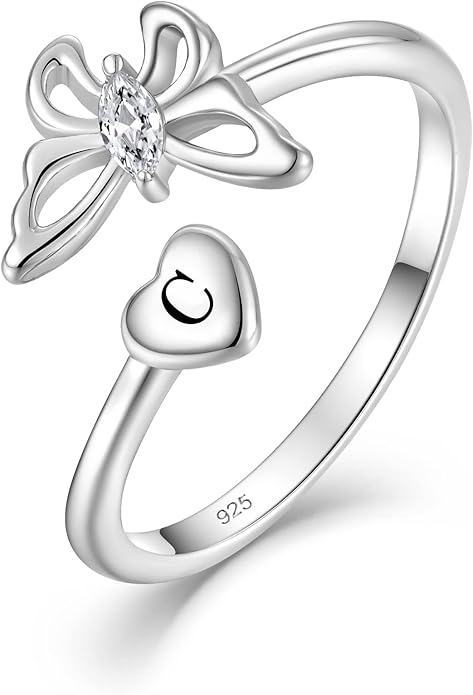 STARCHENIE Butterfly Initial Ring for Women 925 Sterling Silver Letters A-Z 26 Alphabet Adjustable Ring Size 7