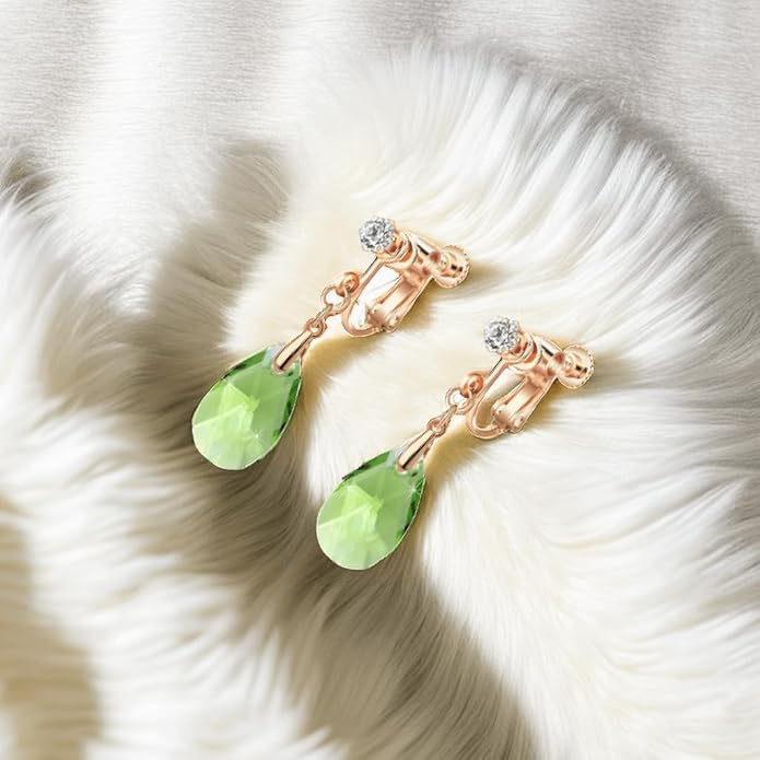 Teardrop Austrian Crystal Drop Clip On Dangle Earrings for Women Non Pierced 14K Rose Gold Plated Hypoallergenic Jewelry