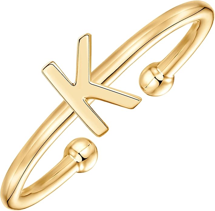 PAVOI 14K Gold Plated Initial Letter Adjustable Ring for Women - Thin Initial Band - Dainty Fashion Jewelry Gifts