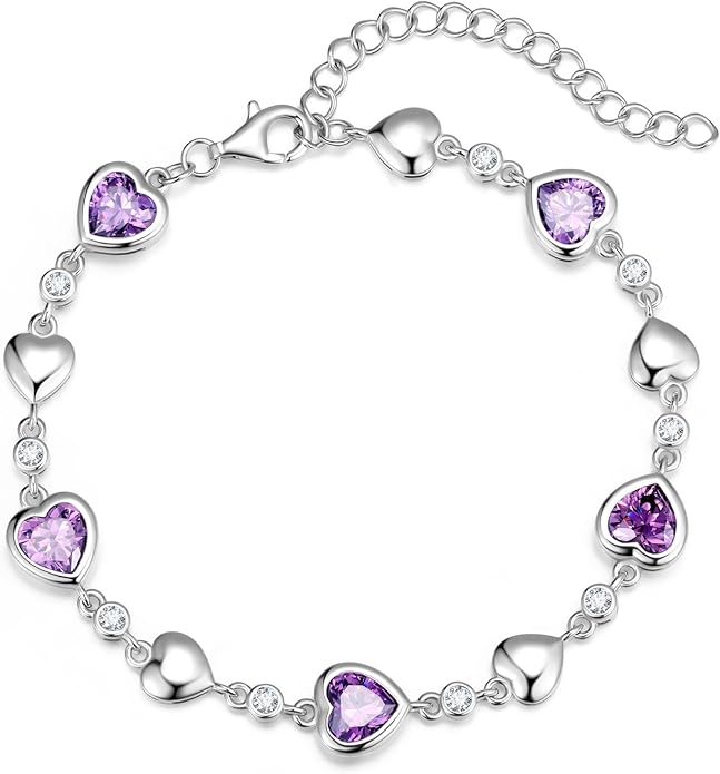 Carleen Birthstone Bracelets for Women 925 Sterling Silver Five Heart Station Created Gemstone Tennis Bracelet Jewelry Anniversary Birthday for Wife, 7"+1.2" Extender