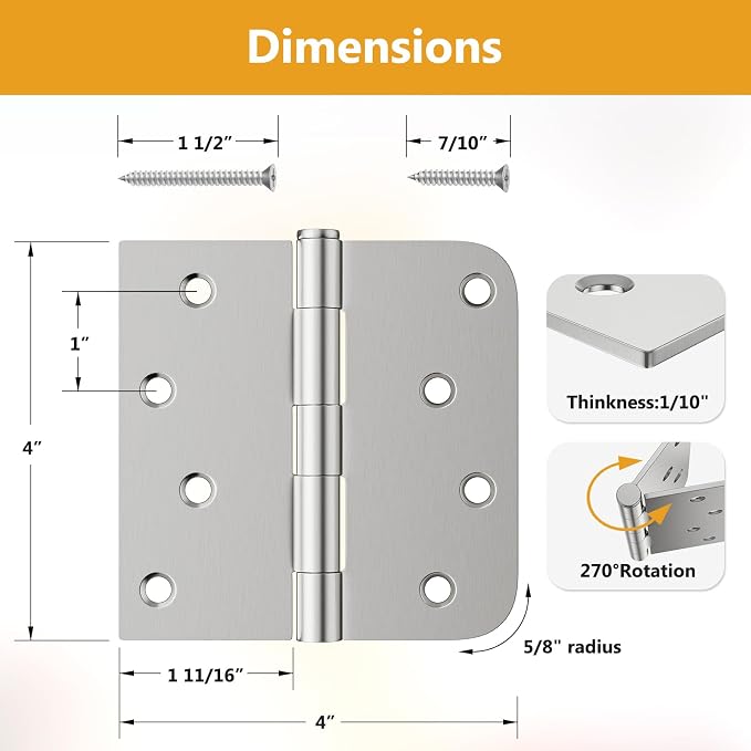 Luxbaro 6 Pack Brushed Nickel Door Hinges 4 Inch, Exterior Door Hinges - Image 2