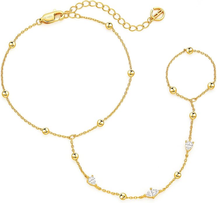 Cicy Bell Hand Chain 18k Gold Plated Bracelet for Women Trendy Teardrop Cubic Zirconia Adjustable Finger Ring Slave Dainty Bracelets Jewelry Gifts