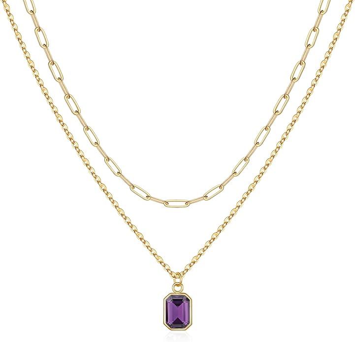 Layered Birthstone Necklace for Women Girls, 14K Gold-Plated Paperclip Chain Choker Necklace with Rectangle Birthstone Pendant Birthday Gifts for Women Girls Dainty Small