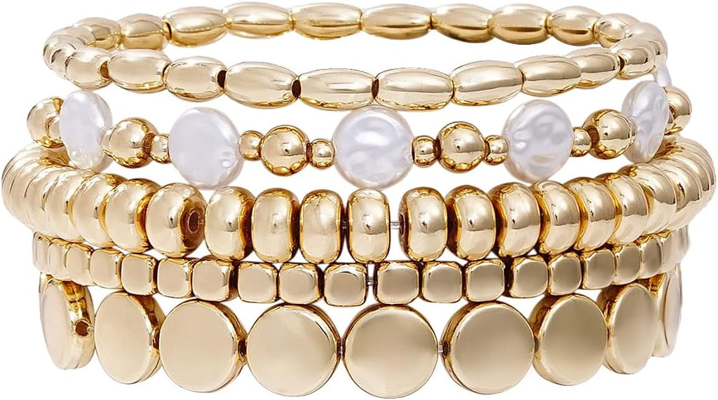 Gold Plated Beaded Bracelets for Women Trendy, 14K Gold Plated Stack Cross Pearl Gold Plated Bead Stretch Bracelets Set Elastic Hypoallergenic Bracelets Jewelry Gifts