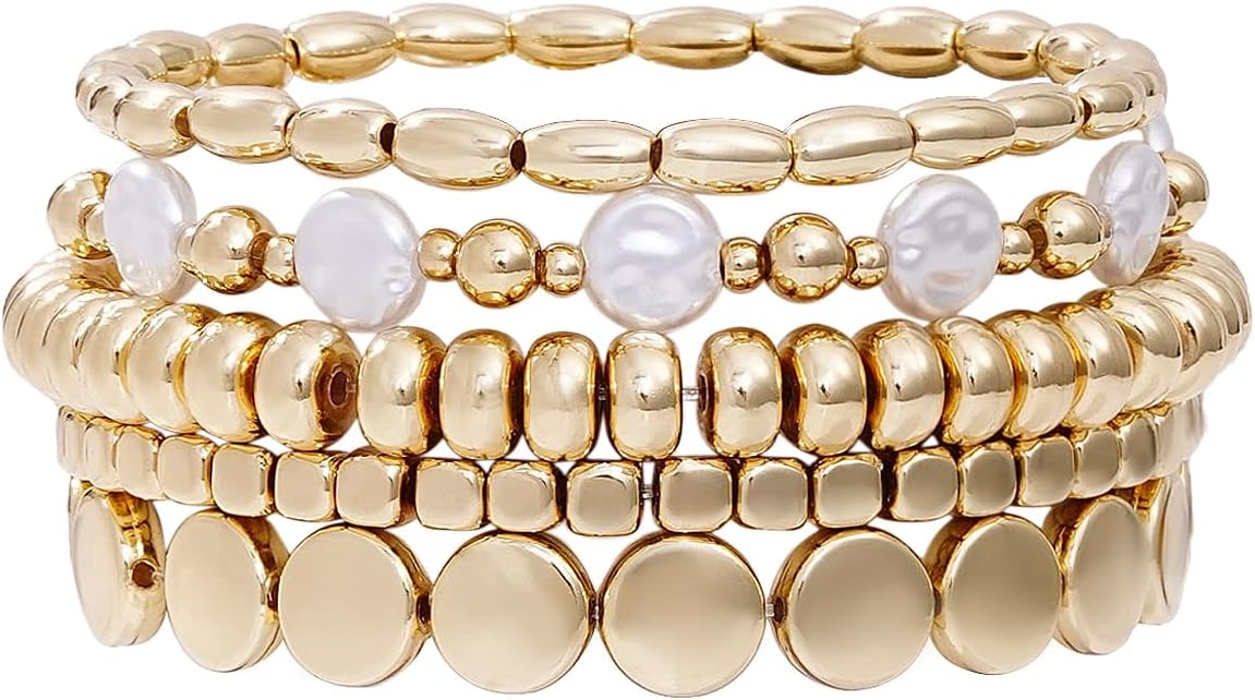 Gold Plated Beaded Bracelets for Women Trendy, 14K Gold Plated Stack Cross Pearl Gold Plated Bead Stretch Bracelets Set Elastic Hypoallergenic Bracelets Jewelry Gifts