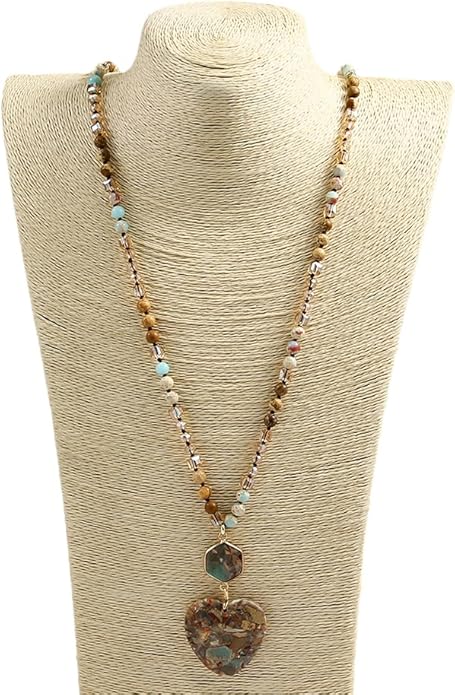 Yomisa Boho Necklaces for Women Men Long,33/34/35 Inch Natural Turquoise Tiger Eye Beaded Stone Pendant Necklaces for Women Trendy,Handmade Bohemian Western Bead Necklace Fashion Charm Jewelry Gift