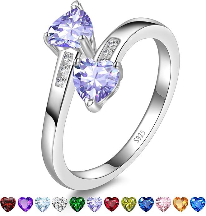 1CT Adjustable Women Heart Ring 925 Sterling Silver Birthstone Rings for Women Promise Ring for her Simulated Gemstone Statement Stackable Band Width 2mm Open Size 5~9