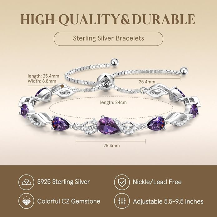 FANCIME Birthstone Teardrop Tennis Bracelet for Women, Sterling Silver 9x7mm main Gemstone Bolo Adjustable Chain Bracelet Fine Jewelry Birthday Gifts for Women Mom Wife Her
