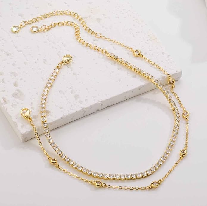 RLMOON Gold Anklets for Women CZ Ankle Bracelet 14K Gold/Silver Plated Waterproof Dainty Layered Tennis Heart Dot Chain Silver Anklets Trendy Foot Jewelry