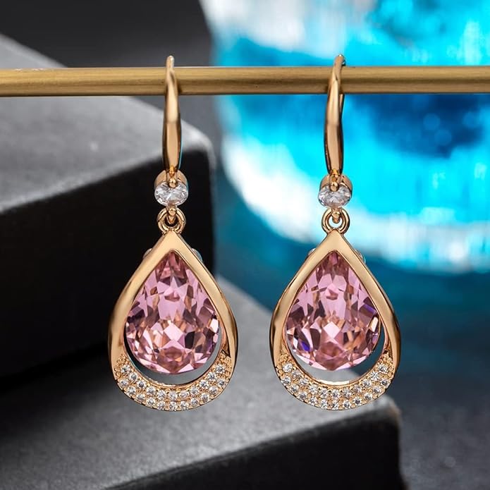 Austrian Crystal Halo Teardrop Hollow Drop Dangle Earrings for Women 14K Rose Gold Plated Hypoallergenic Jewelry Gifts