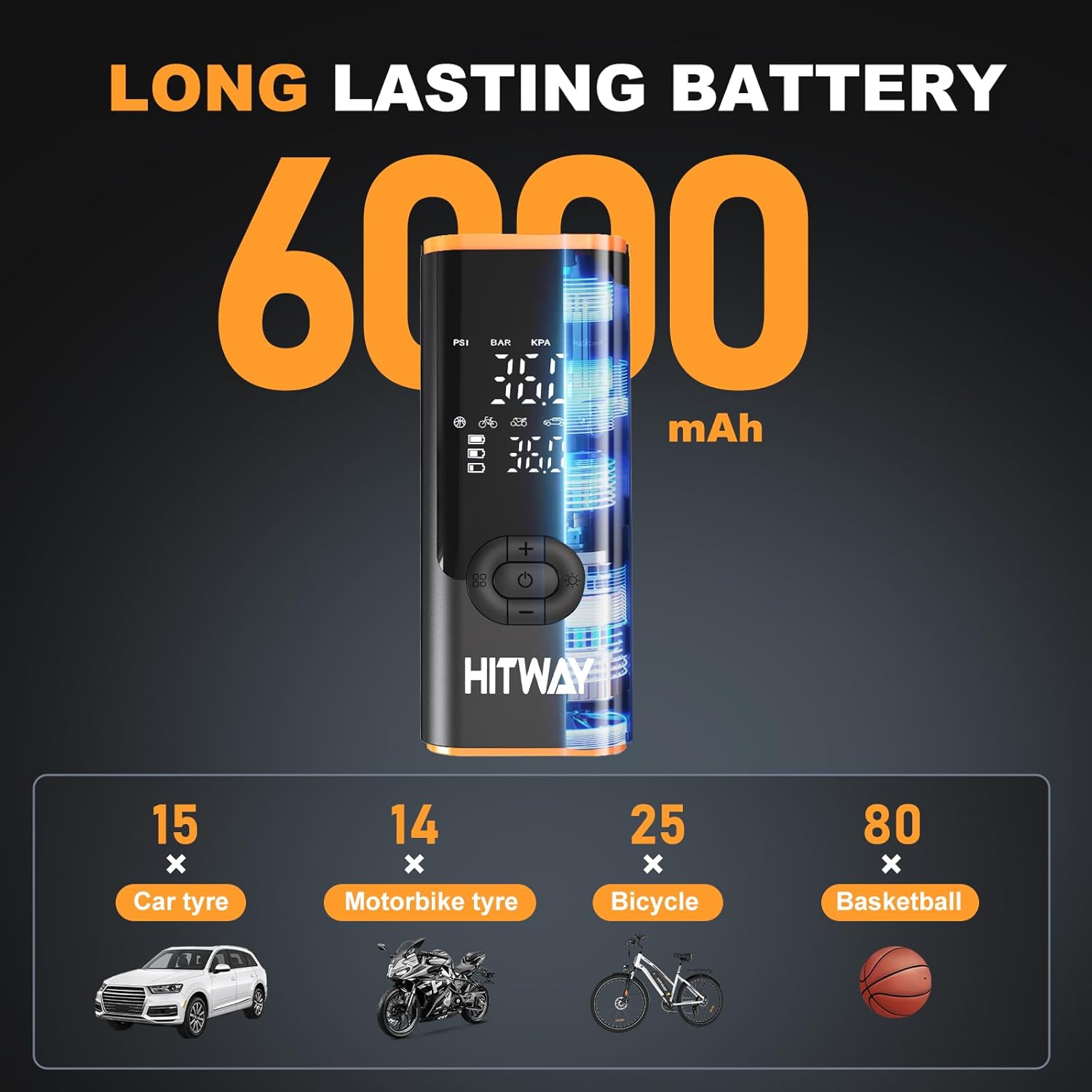 HITWAY Portable Electric Inflator Pump Supports up to 150PSI, fast inflation, suitable for car, motorcycle, bicycle tires and sports equipment, LCD display screen, USB charging, built-in LED light
