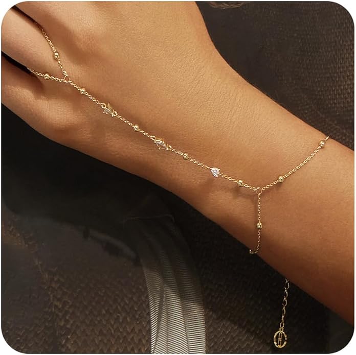 Cicy Bell Hand Chain 18k Gold Plated Bracelet for Women Trendy Teardrop Cubic Zirconia Adjustable Finger Ring Slave Dainty Bracelets Jewelry Gifts