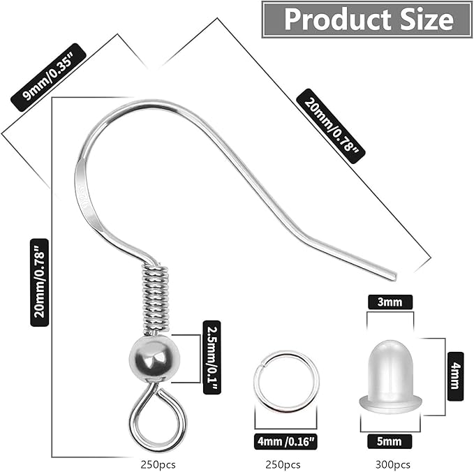 Hypoallergenic Earring Hooks, 800PCS/125 Pairs Fish Hooks,500pcs Silver Plated Earring Making kit with Jump Rings and Clear Silicone Backs Stopper