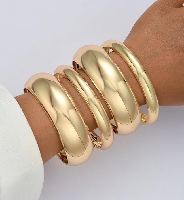 Chunky Gold Bangle Bracelets for Women, Dainty 14k Gold Plated Big Stackable Bangles Set, Trendy Statement Cuff Bracelet Stack Fashion Jewelry Christmas Gifts