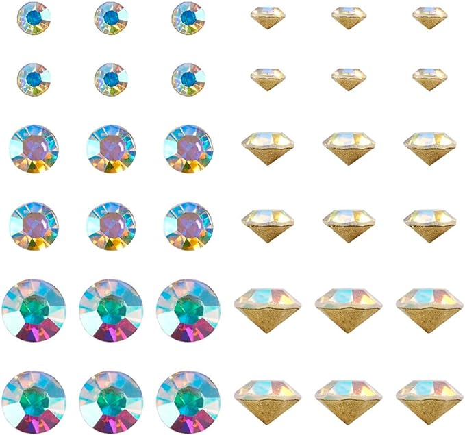 Fashewelry 1782pcs Pointed Back Faceted Glass Rhinestones 2mm/3mm/4mm Crystal AB Diamond Loose Stones with Gold Back for DIY Jewelry Making Replacement