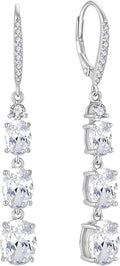 Women 925 Sterling Silver Birthstone 3-stone Leverback Drop Dangle Earrings 5A Cubic Zirconia Jewelry for Her