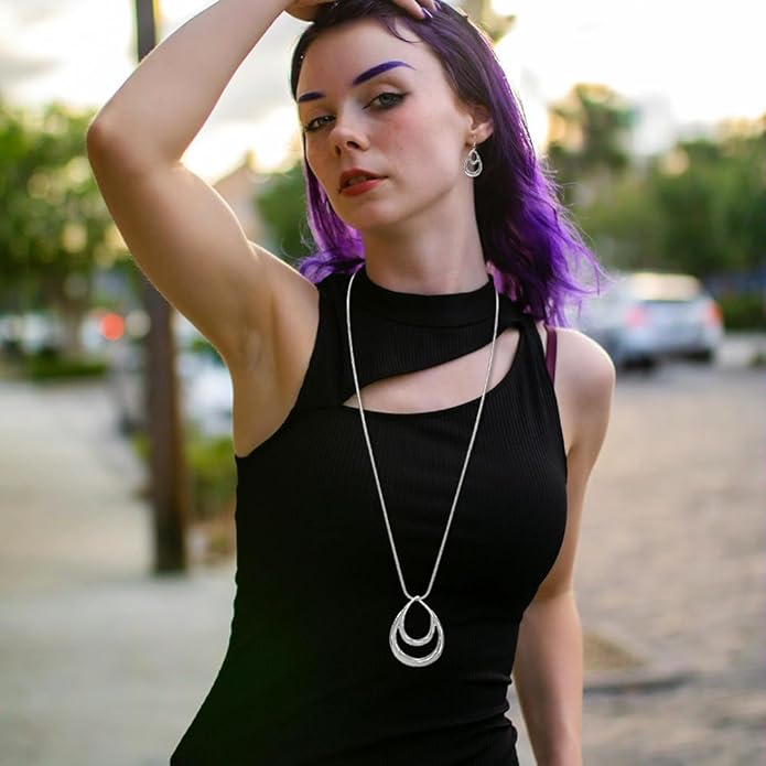 Madison Tyler Gold Plated Jewelry Set for Women | Silver Teardrop Pendant Necklace Trendy | Long Necklace with Snake Chain | Fashion Dangle Earring Set