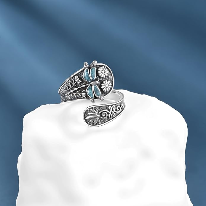 Hummingbird/Dragonfly Turquoise Ring 925 Sterling Silver Floral Spoon Rings Vintage Thumb Band Oxidized Wrap Adjustable Bands Jewelry Gifts for Women Wife Mother Christmas Birthday