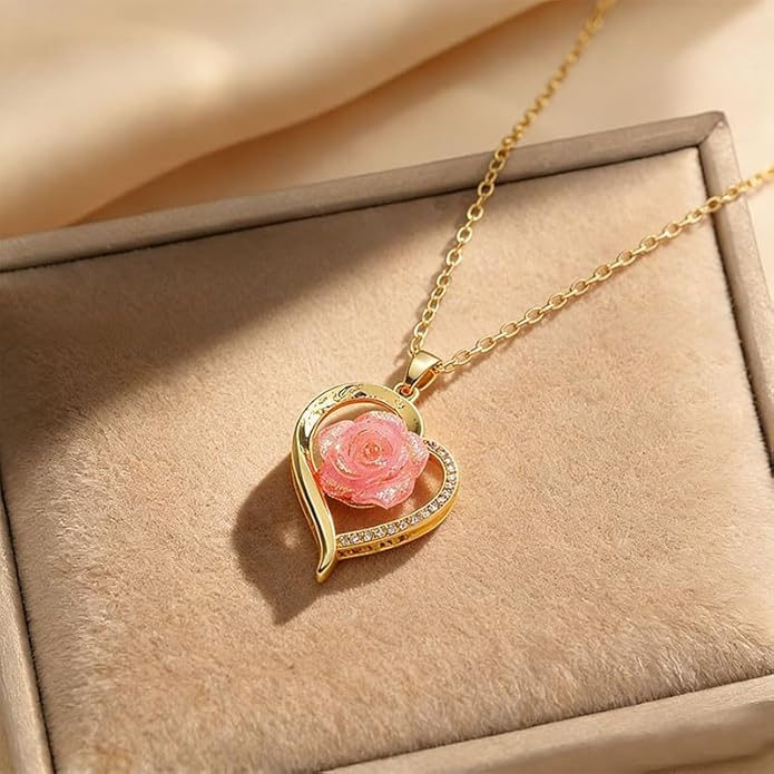 ONLYJUMP Rose Alloy Necklace for Women Heart Pendant Copper Zircon Light Luxury Fashion Jewelry Dainty Romantic Statement Necklace for Daily Wear Ideal Valentine's Day Anniversary Birthday Gift