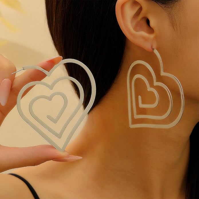 Trendy Large Gold Spiral Heart Stud Earring for Women, Statement Hollow Silver Big Love Hearts Y2k Earrings Bold Personalized Prom Party Jewelry Gifts