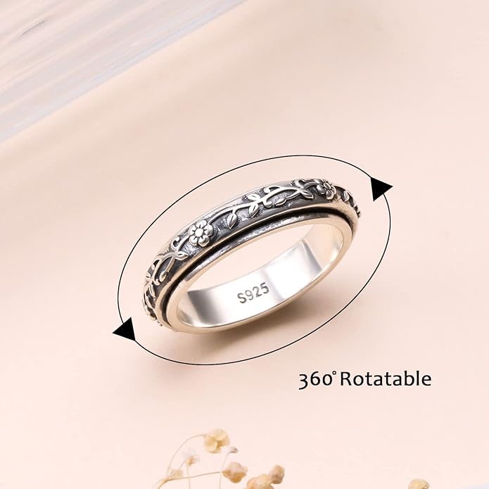 Ladytree Anxiety Relieve Rings 925 Sterling Silver Spinner Fidget Ring Worry Stress Relieving Boredom ADHD Autism Ring Platinum Plated Jewelry Birthday Gifts for Women Men