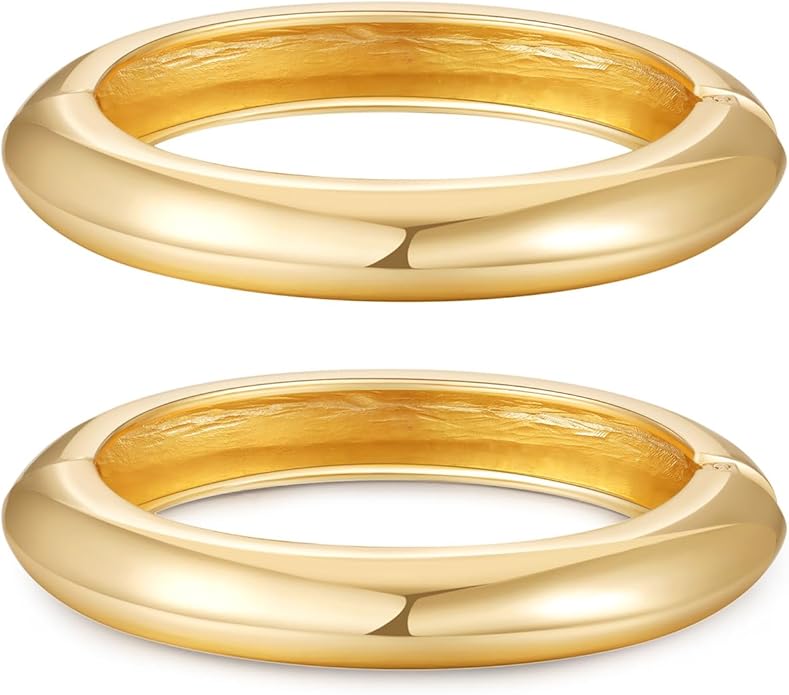 2pcs Gold Bangle Bracelets for Women, Trendy Hinged Cuff Open Wide Chunky Gold Bracelet Stack Arm Cuff Jewelry for Women