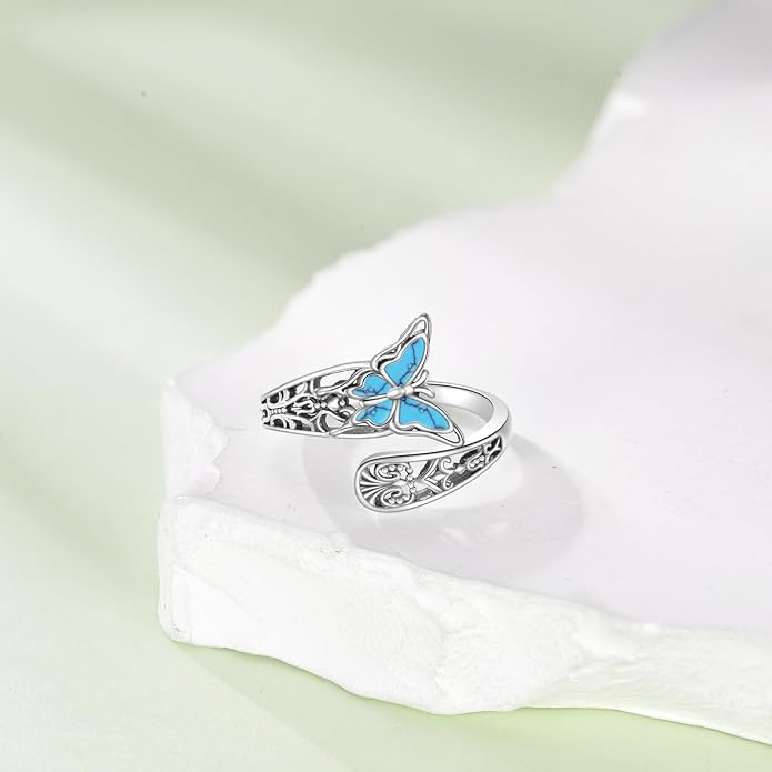 VONALA Dragonfly/Butterfly/Tree of Life/Sunflower Ring for Women 925 Sterling Silver Adjustable Turquoise Ring Flower Antique Jewelry Gifts
