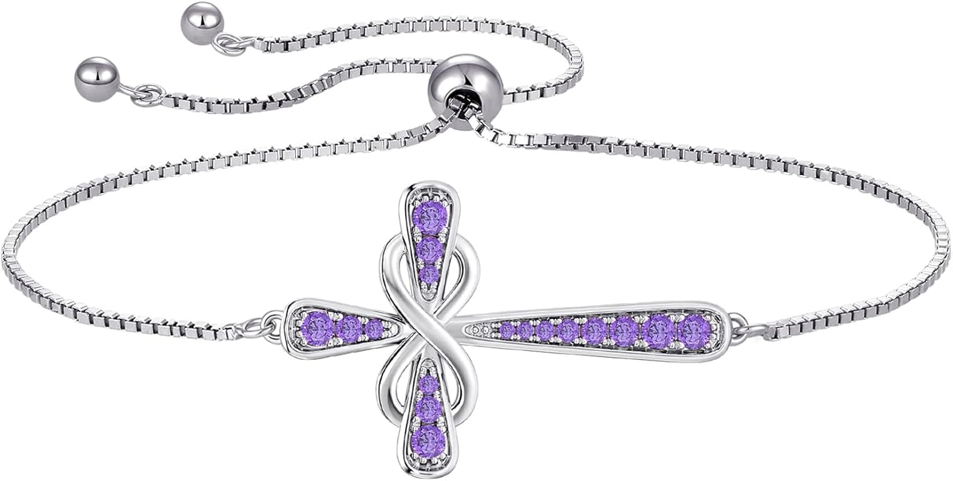 YL Cross Bracelet 925 Sterling Silver Infinity Sideways Link Bracelet Birthstone Jewelry for Women