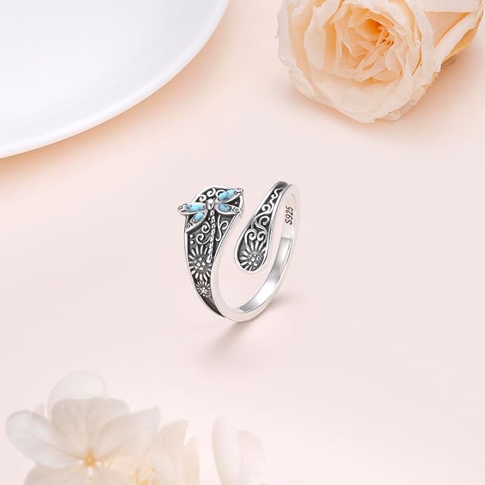 925 Sterling Silver Spoon Rings Butterfly/Dragonfly/Hummingbird/Cross Adjustable Sunflower Thumb Ring For Women Turquoise Boho Ring Vintage Rings Unique Jewelry Present for Christmas Mother's Day