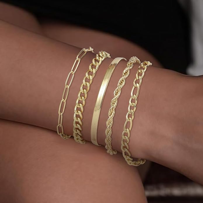 Emibele Gold Bracelets for Women, Dainty Adjustable 14K Gold Plated Bracelet Stack, Elegant Beaded Link Chain Bracelet Sets, Jewelry Gifts for Women