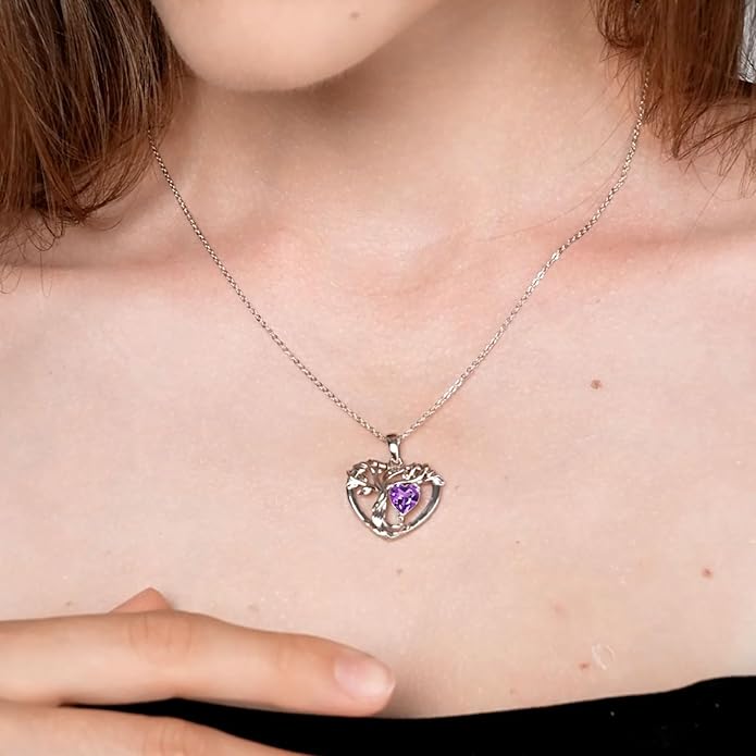 Tree of Life Necklaces for Women 925 Sterling Silver Heart Pendant Birthstone Necklace Created Gemstone Jewelry for Her, 18"+2"