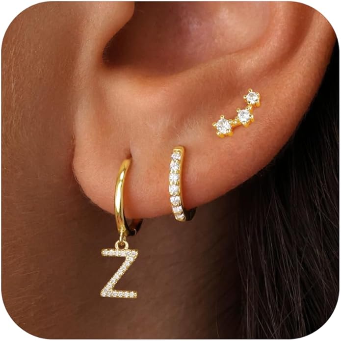 Valentines Day Gifts for Kids Girls - 3 Pairs Gold Earrings for Women Huggie Hoop Earrings for Girls with Initial Dangle Cartilage Earring Studs Hypoallergenic Earring Set for Multiple Piercing