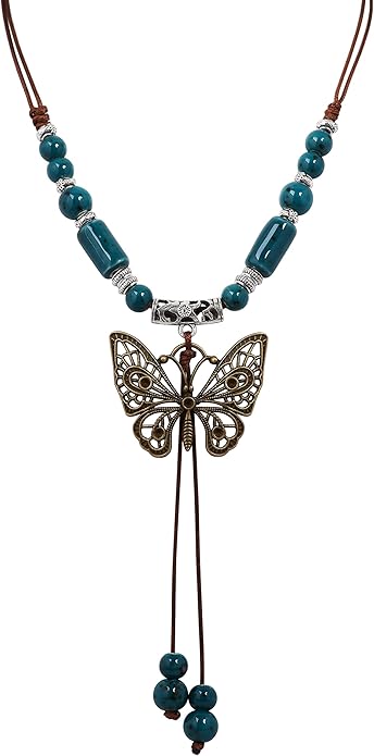 MINACHI Hippie Boho Colorful Ceramic Bead Butterfly Charm Pendant Y Necklace, Vintage Bohemian Statement Jewelry Gift for Women