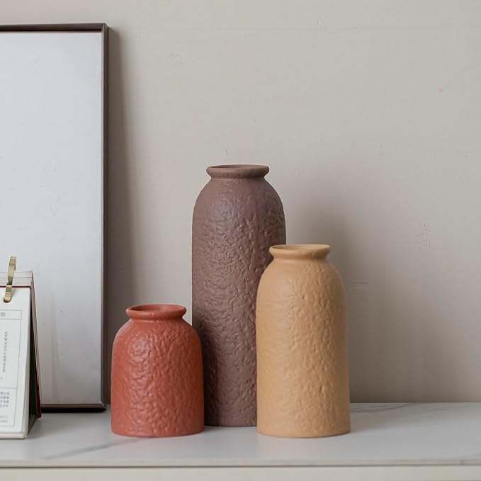 Large Decorative Ceramic Vase Set, 3 Pieces, Matte Taupe Orange Coral Beige - Image 8