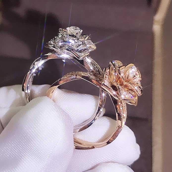 3D Rose Ring CZ Simulated Diamond Ring Rose Gold Ring Rose Flower Ring for Women