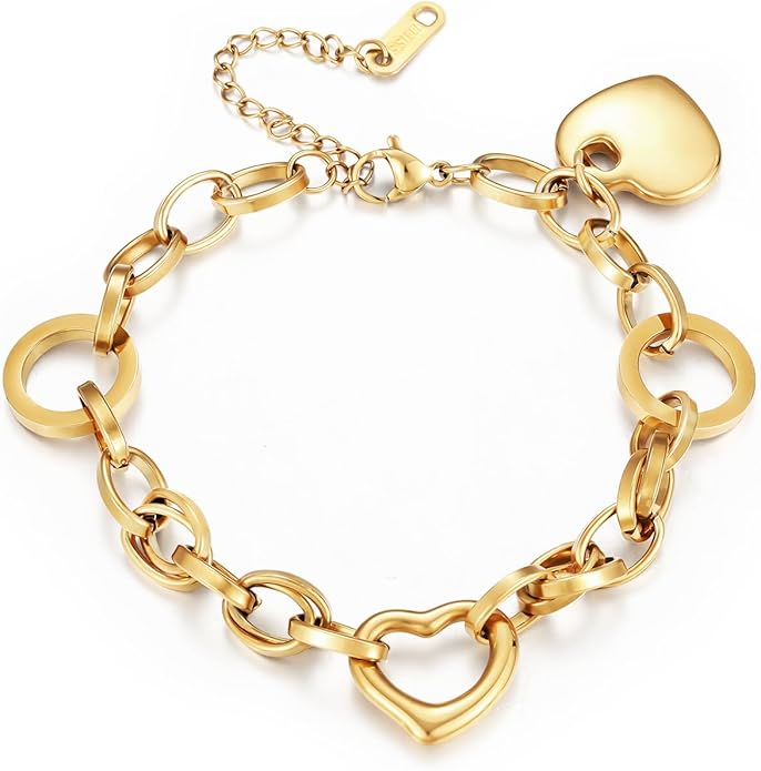 Emibele Heart Charm Bracelet for Women, Bible Verse Bracelet Stainless Steel 18K Gold Plated Bracelet Love Pendant Link Chain OT Clasp, Birthday Christmas Jewelry Gift for Mother Her